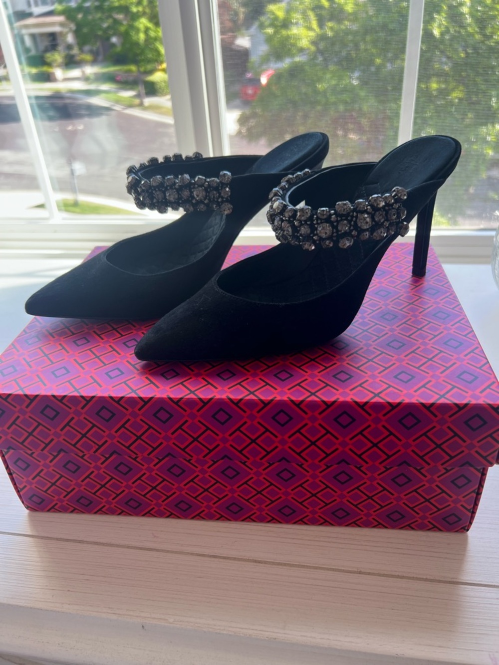 Tory Burch Black Pointed-Toe Jeweled Strap Stiletto Mules